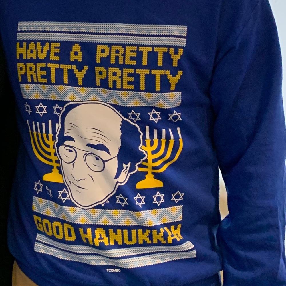 Larry David pretty good Hanukkah ugly sweater
